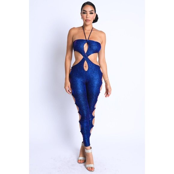 Women's Sleeveless Glittery Cutout Halter Neck Keyhole Sexy Party Jumpsuit - Picture 10 of 10